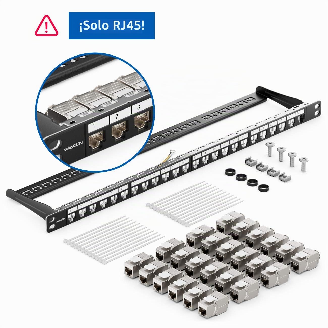 deleyCON Panel de 24 Puertos Panel de Parcheo Modular 0,5HE 19 Pulgadas Montaje en Rack + 24x Módulos Keystone RJ45 Compatible CAT5 CAT6 CAT7 LAN Red Cable de Enrutamiento Negro