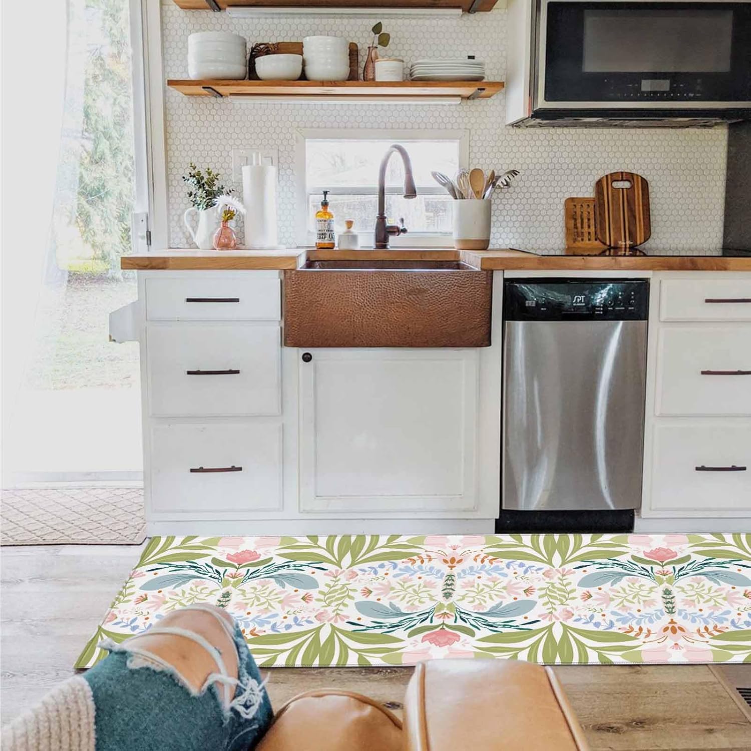 2 Pieces Kitchen Rugs and Mats,Retro Watercolor Flower Leaf Area Runner Rug Set Non Slip Floor Doormat Washable Carpet Standing Mat for Kitchen Sink Indoor Corridor,Boho Floral Botanical Theme
