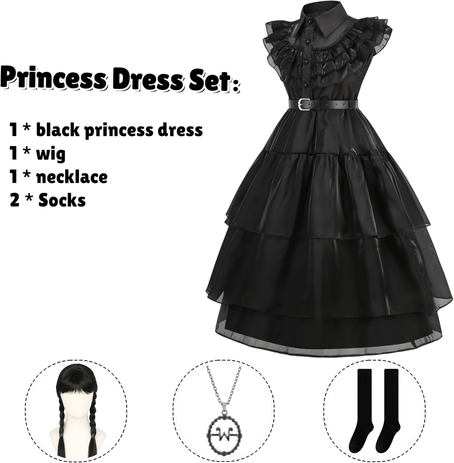 Foierp Gothic Princess Dress for Girls Black Party Costume Dress with Accessories, Halloween Birthday Formal Wear (Age 3-12) - Image 3