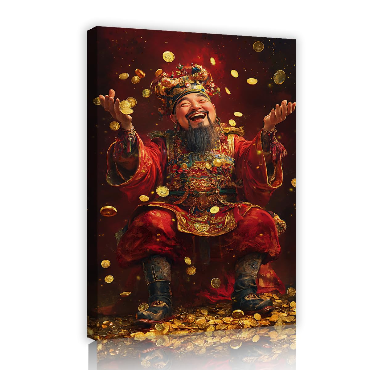 Via Vela Fbh05 Chinese Feng Shui Canvas Wall Art Wealth Caishen Painting Red Gold Coins Prosperity Picture Lucky Poster Print For Living Room Entryway Office Decor 70X110cm