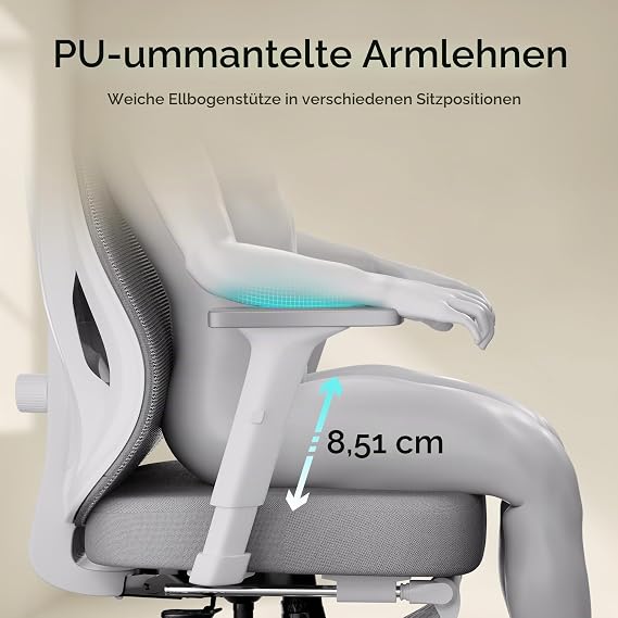 Hbada P5 Ergonomic Office Chair Desk Chair with Adjustable Lumbar Support Breathable Elastic Seat Cushion Integrated Footrest Computer Chair Grey