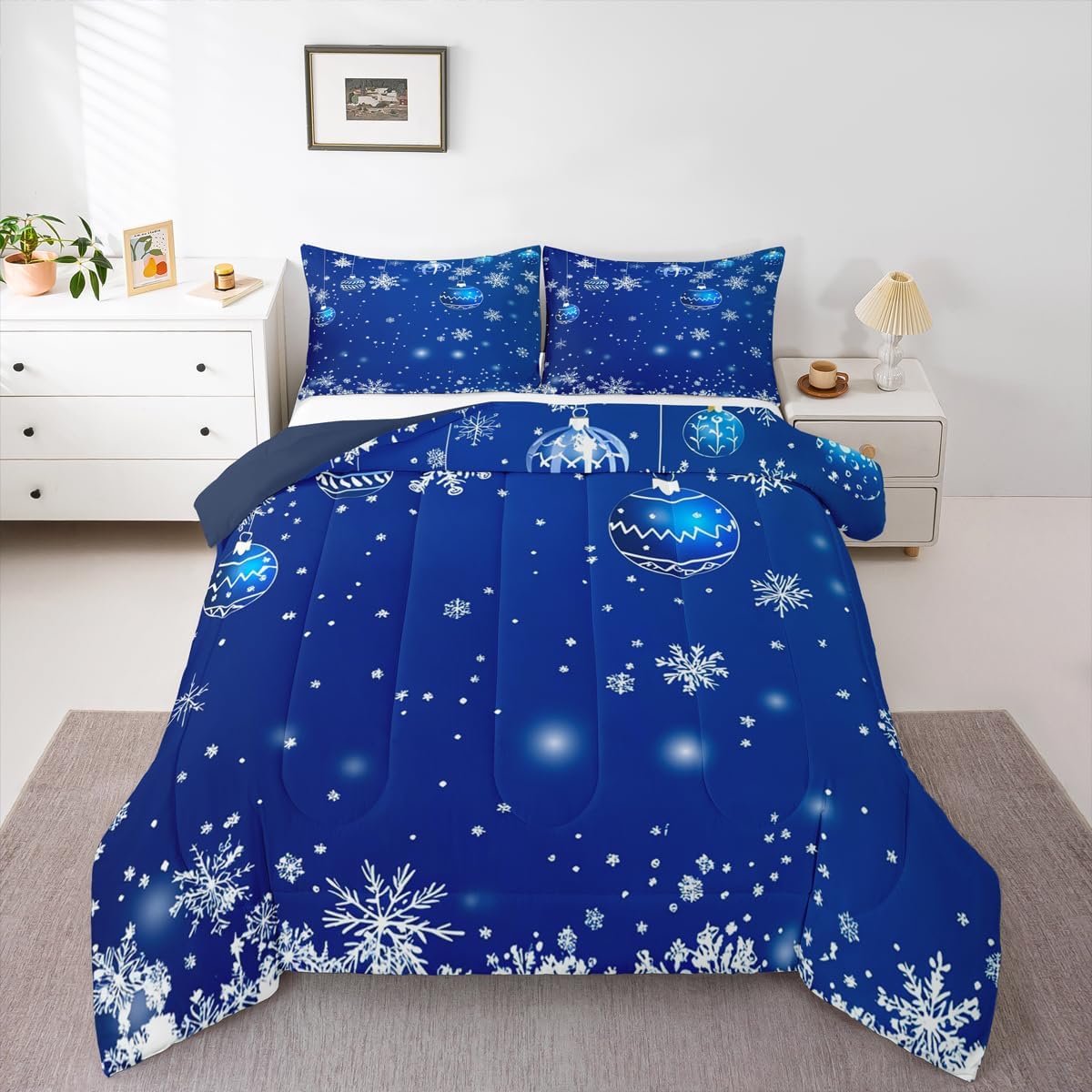 Erosebridal White Snowflake Bedding Blue Gradient Comforter Set 3 Piece Merry Christmas Bedding Comforter Sets Happy New Year Gifts Xmas Duvet Sets Christmas Themed Quilt Queen Size Blue