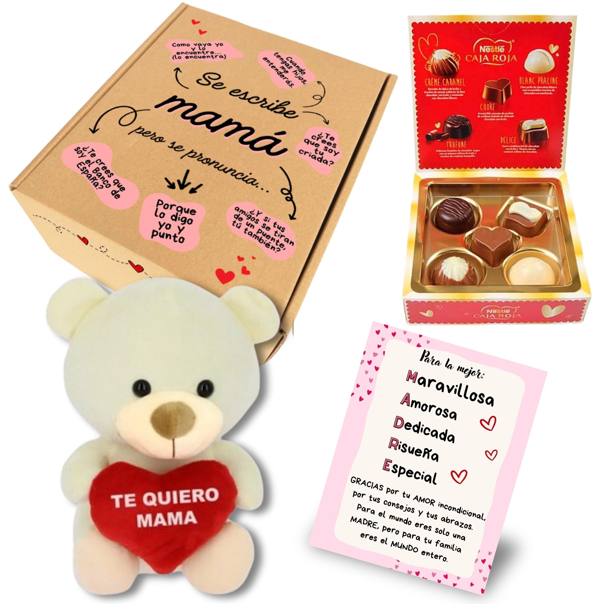 Peluchilandia Regalo Madre Divertido y Original | Cajita con Peluche Personalizado Te Quiero Mama con Bombones y Tarjeta | Regalos Mujer para el Dia de la Madre (Marrón) — view 10