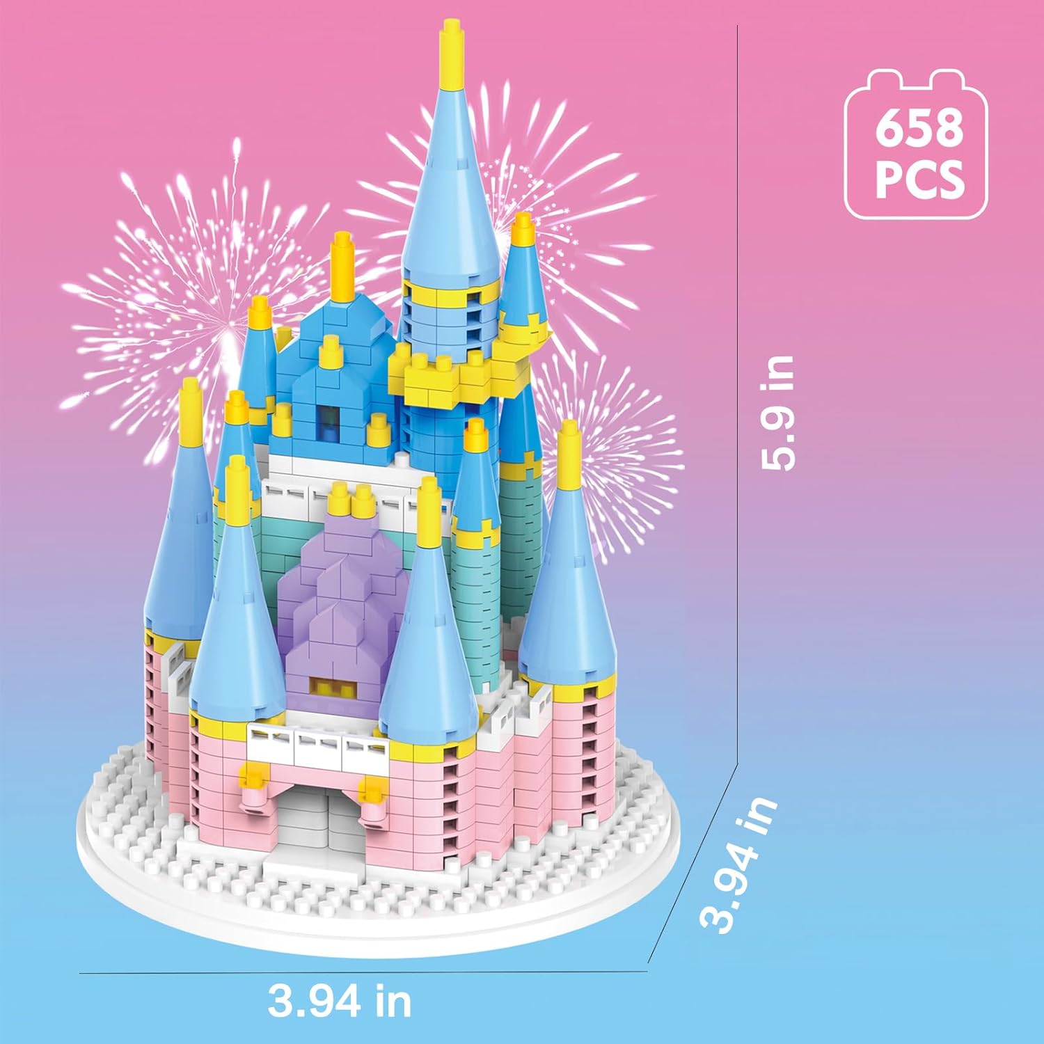 Aningde Xiao Cheng Bao Architecture Mini Building Blocks Set with dimensions indicated: 3.94 inches wide, 3.94 inches deep, and 5.9 inches high.