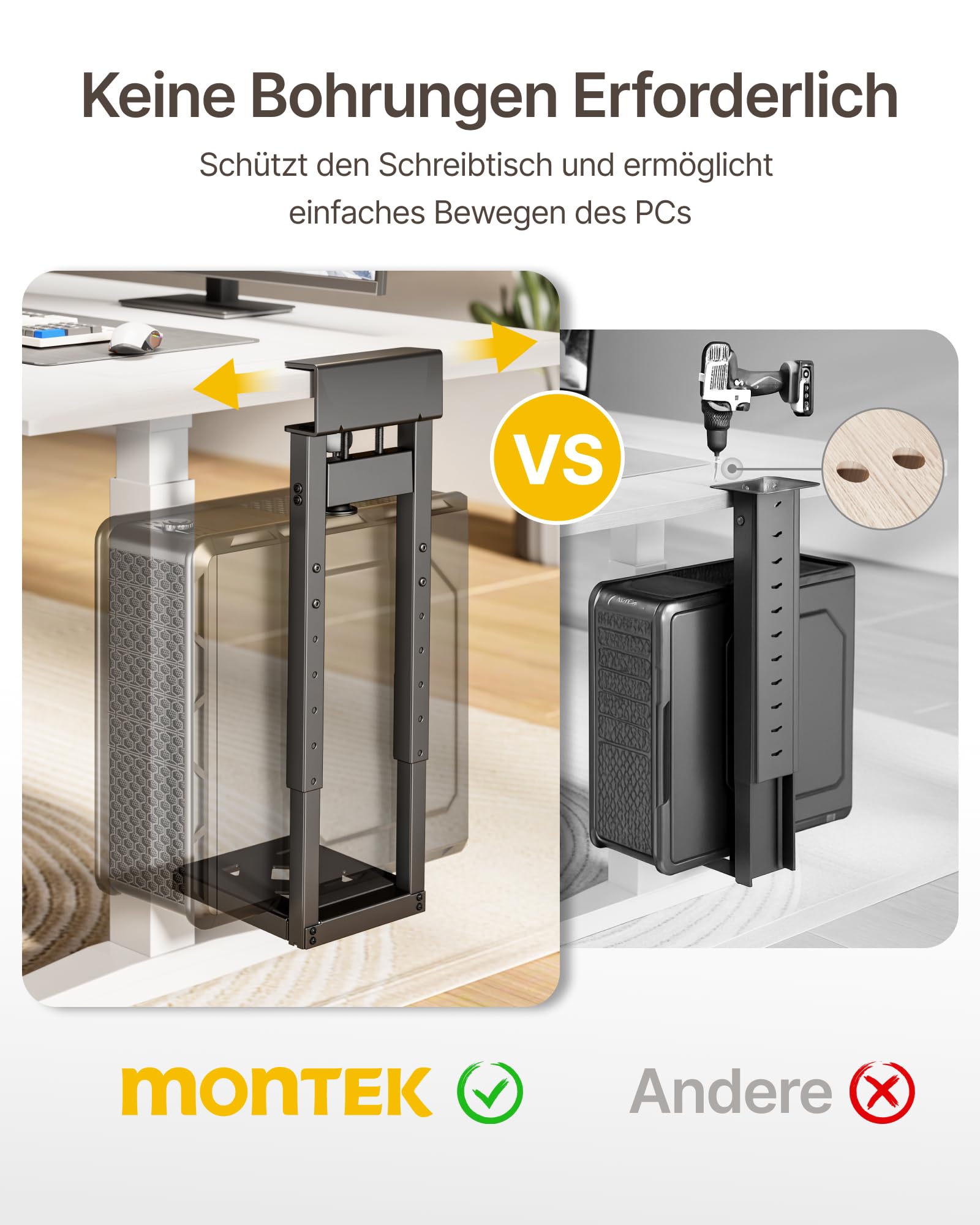 monTEK 30KG PC-Halterung unter Schreibtisch, Ohne Bohren montierbar | Heavy-Duty, Verstellbare Desktop PC Halterung mit Schutzpolstern, 41CM-65CM Höhe, für Büro, Zuhause, Klassenraum, Schwarz