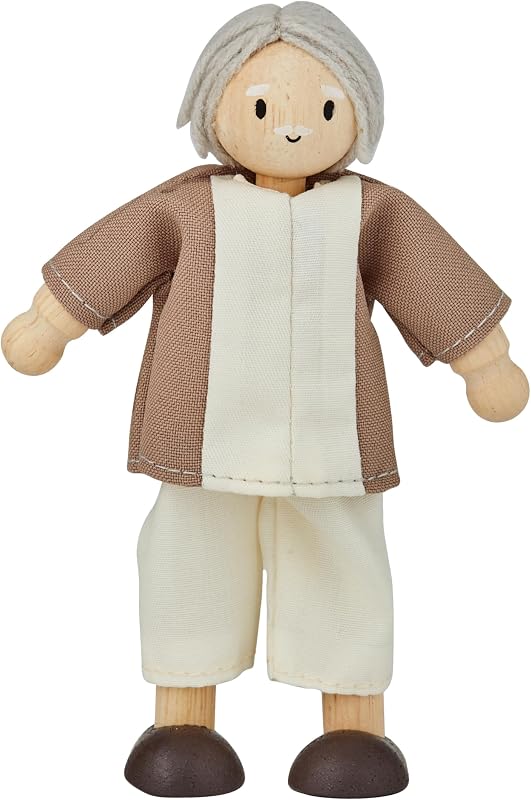 PlanToys® Grandfather Wooden Dollhouse Figurine | Poseable 1:12 Scale Mini Doll (Fair Skin Tone, 5 Inch) | Dollhouse Accessories for Pretend Play | Eco-Friendly Montessori Toy for Kids Ages 3+