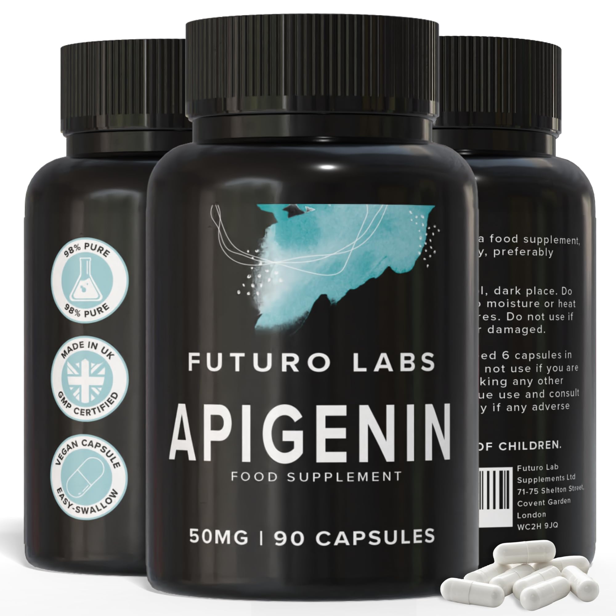 Apigenin 50mg Supplement - Optimal Dosage for Sleep & Relaxation, High Purity, UK Made, Lab Tested, Non-GMO, Natural Apigenin Supplement, 98%+ Purity- (90 Caps/90 Day Supply)