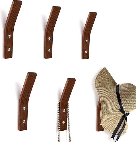 Miniatura 1 de Ganchos de pared de madera, paquete de 6 ganchos de madera natural maciza de nogal negro y madera de goma, ganchos decorativos de pared para colgar