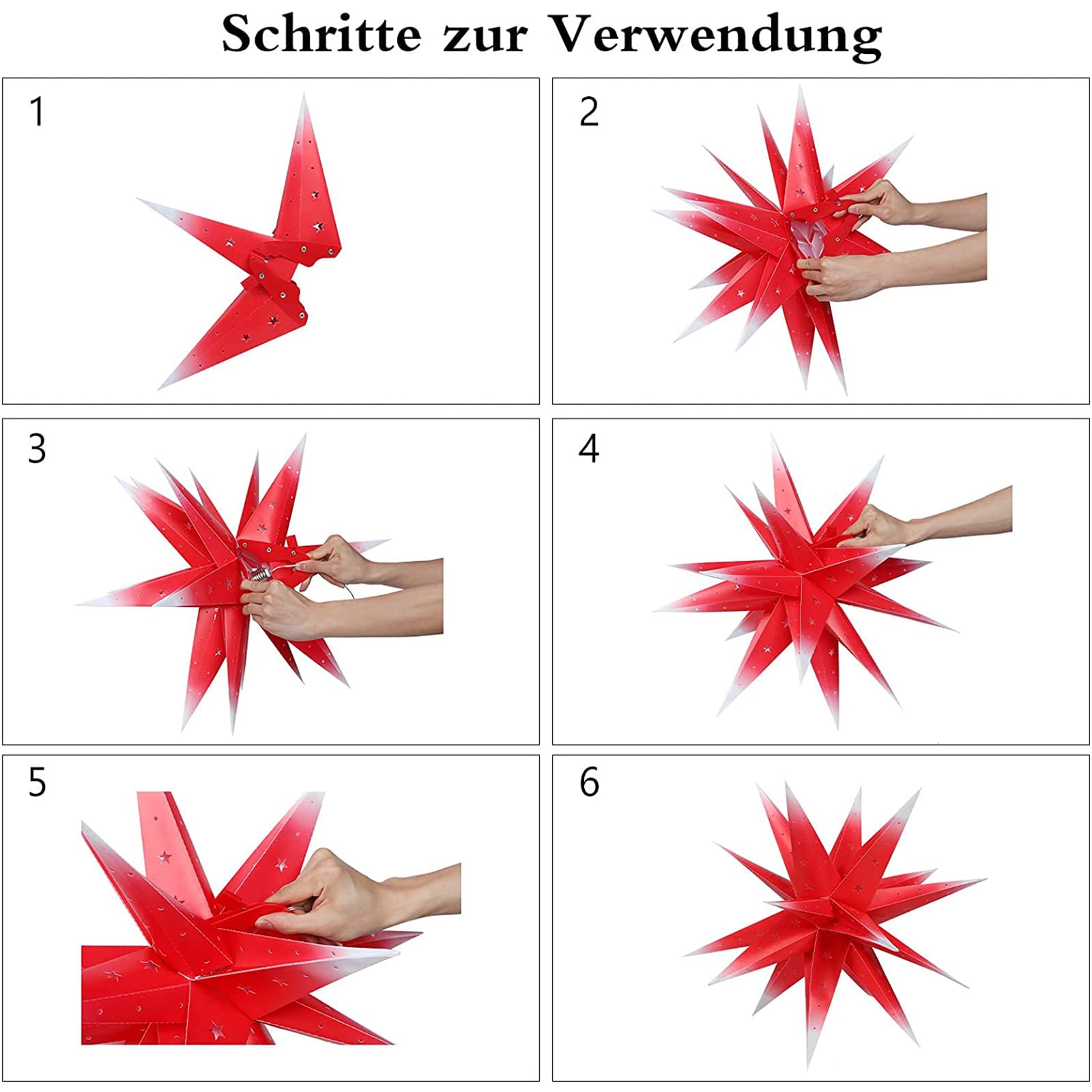 Puntale per albero di Natale, lanterna a stella in PVC da 45 cm, stringa di luci a forma di stella a 18 punte con lampadina, decorazione a forma di ciondolo appeso a forma di stella scavata per intern
