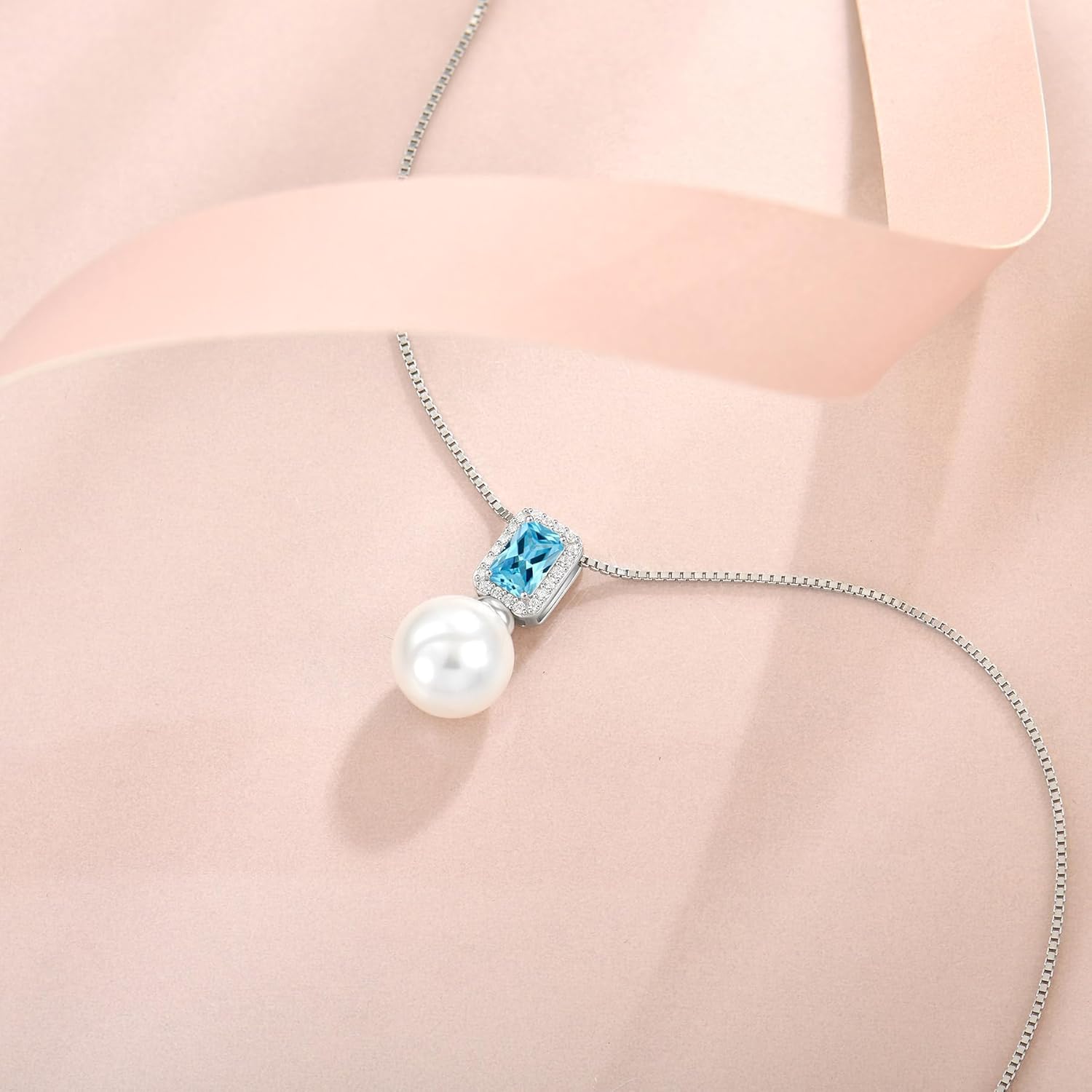 Pearl Necklace for Women 925 Sterling Silver Birthstone Pendant Necklace Emerald Cut Jewelry Gifts for Her - Image 4