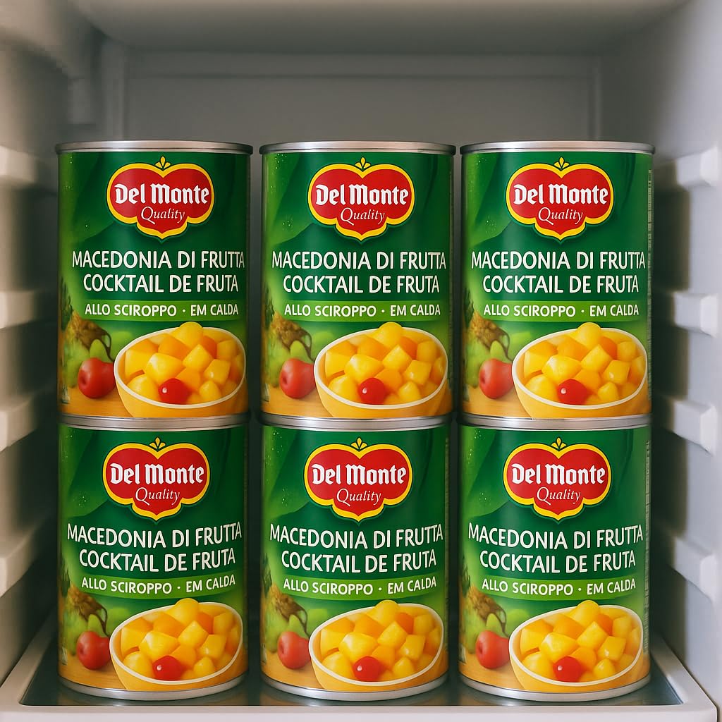 6X Macedonia di Frutta a pezzi in Sciroppo, Ananas, Pesche, Pere, Uva e Ciliegie, in Succo, Alta Qualità per del monte 420g
