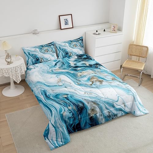 Miniatura 3 de Erosebridal Edredón de mármol azul y blanco, ropa de cama de lentejuelas doradas, juegos y colecciones de ropa de cama con patrón geométrico de