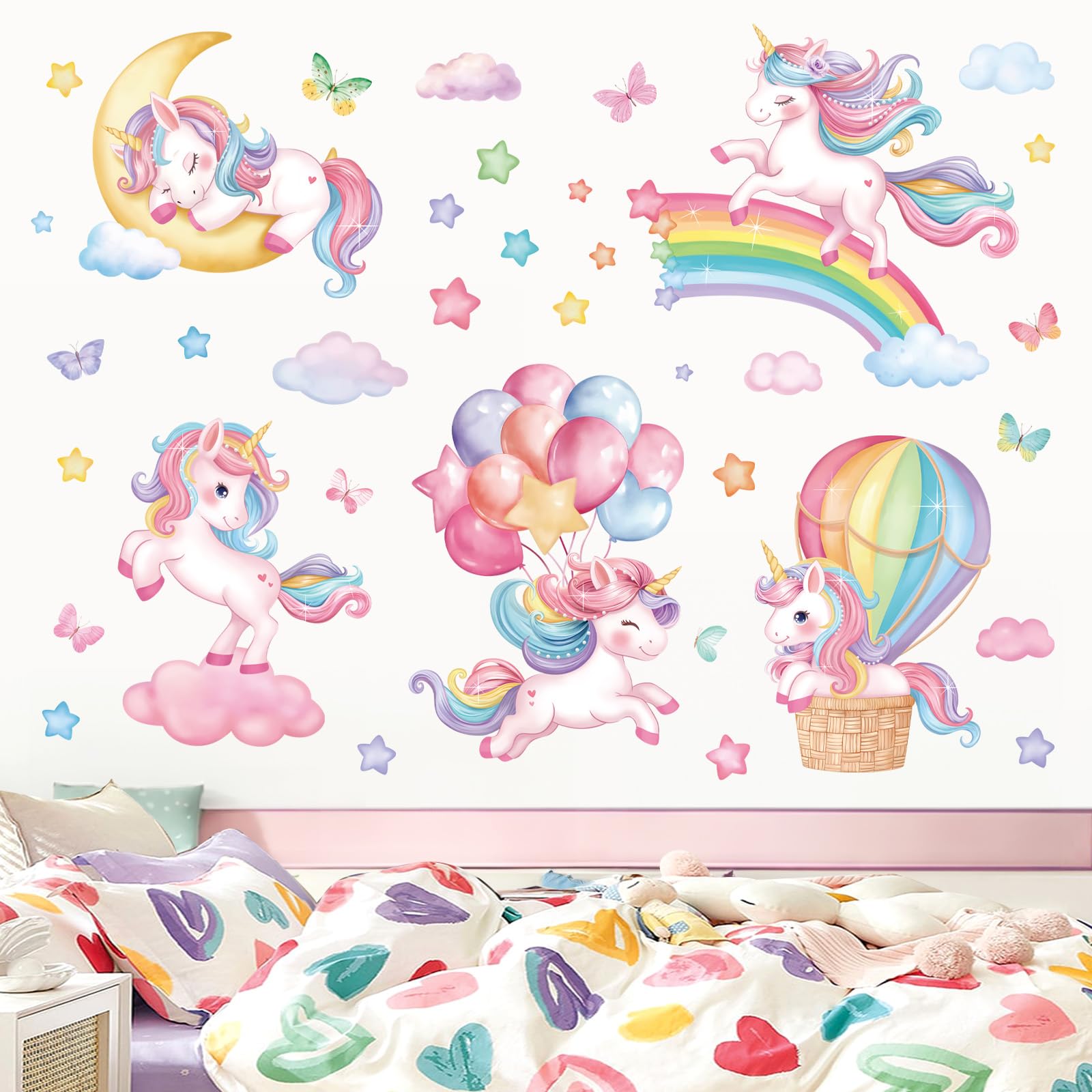 decalmile Sleeping Unicorn Rainbow Wall Decals Hot Air Balloon Moon Clouds Wall Stickers Baby Nursery Girls Bedroom Kids Room Wall Decor - Image 2