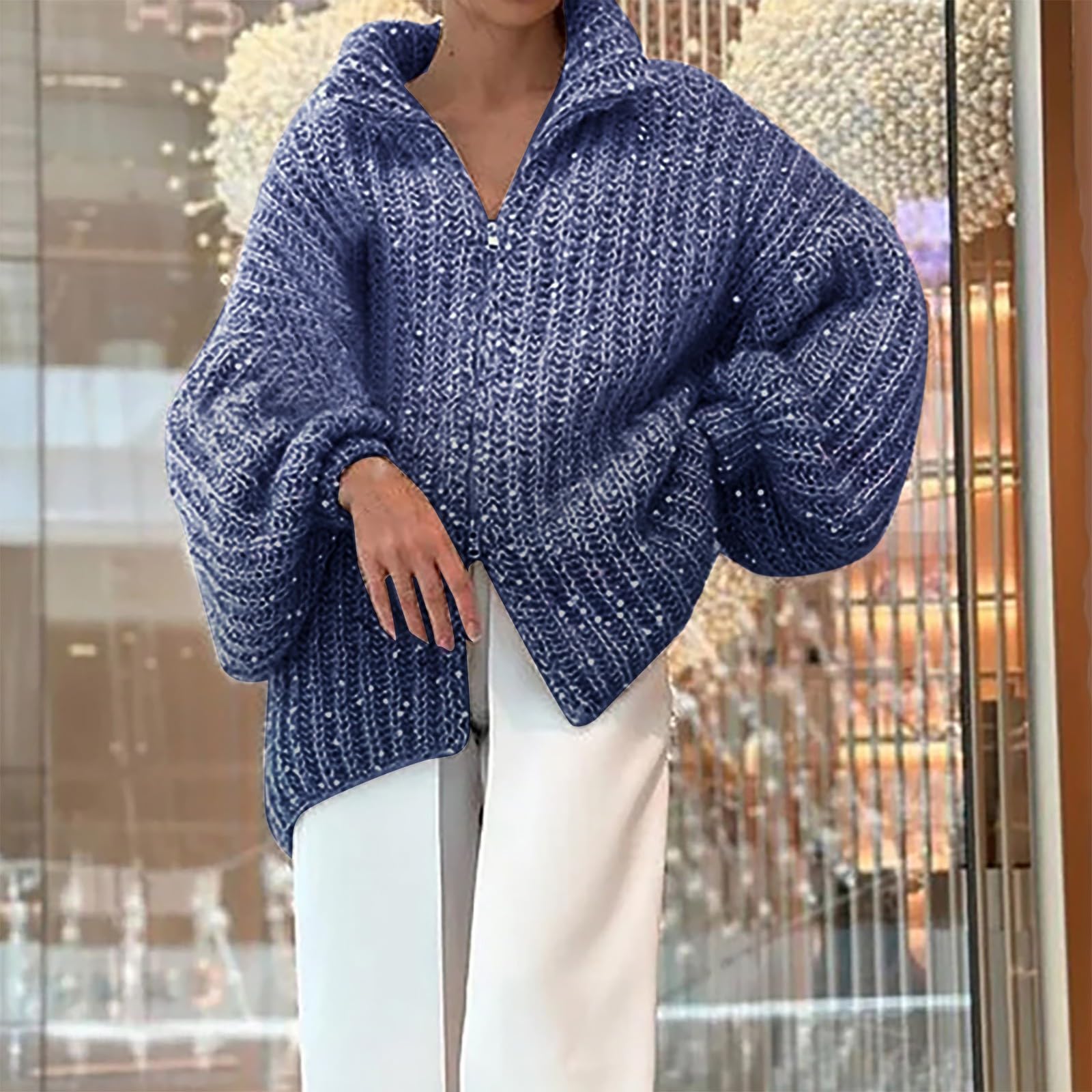 Strickpullover Damen Oversize, Pullover Damen Elegant Glitzer Pulli V-Ausschnitt Winterpullover Warm Langarmshirt Casual Sweater Bequeme Oberteile Locker Longshirt Flauschig Outwear Mode Tops