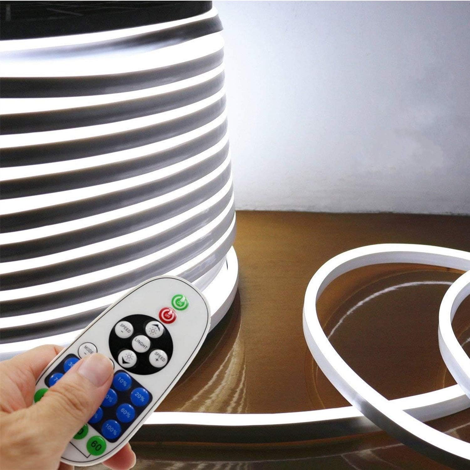 LED NEON Light, IEKOV™ AC 110-120V Flexible LED Neon Strip Lights, 120 LEDs/M, Dimmable, Waterproof 2835 SMD LED Rope Light + Remote Controller for Home Decoration (65.6ft/20m, White)