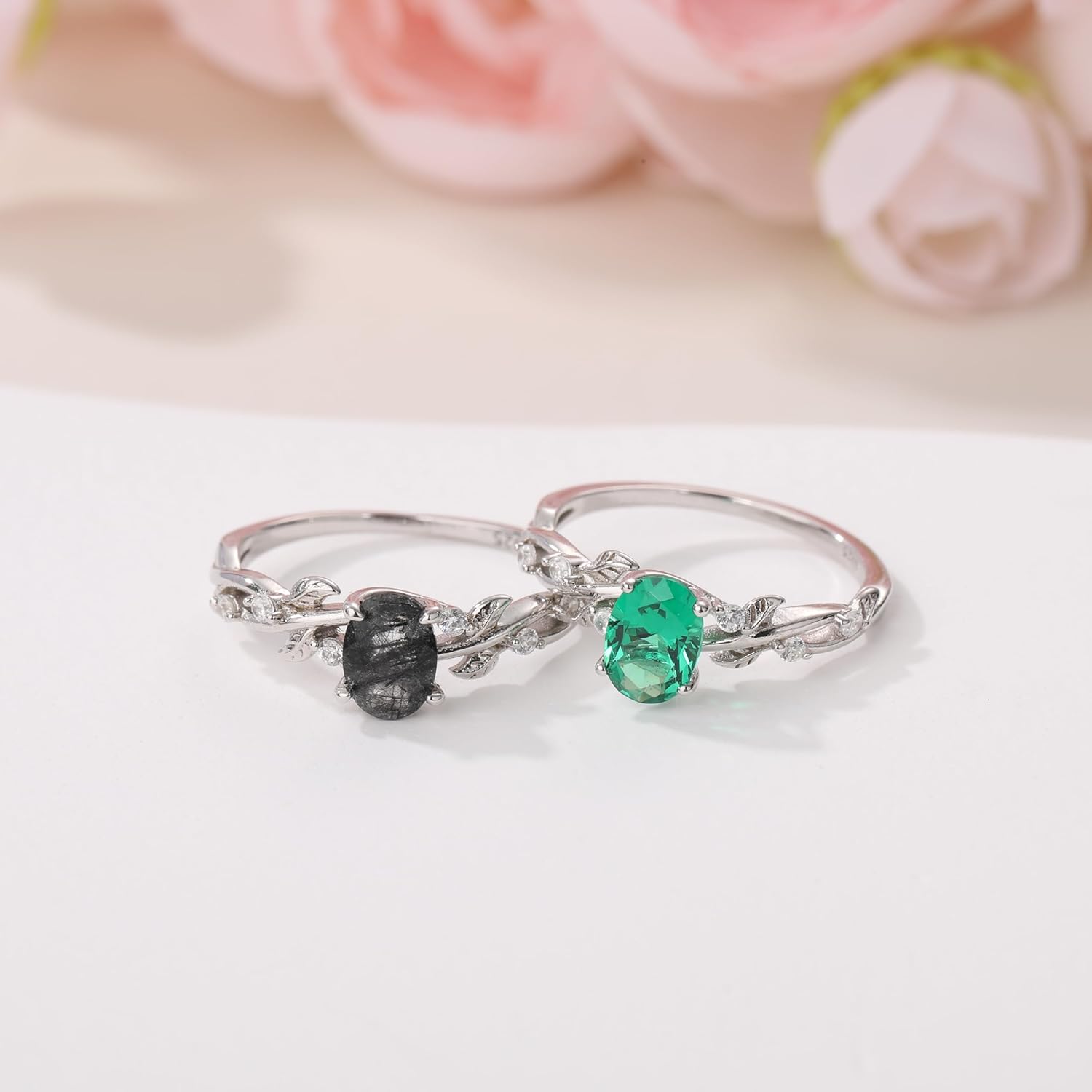 Engagement Rings for Women 925 Sterling Silver Oval Cut Moss Agate/Black Rutilated Quartz/Emerald Gemstone Wedding Rings Promise Ring Size 5-9 - Image 5