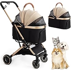 3 in 1 Foldable Pet Stroller for Small Medium Dogs Cats, No-Zip with Detachable Carrier, Push Button, Luxury Pet Gear Stroller for Puppy Travel (Khaki)