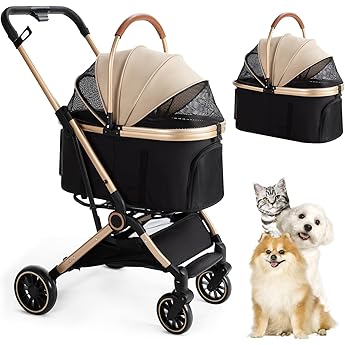 3 in 1 Foldable Pet Stroller for Small Medium Dogs Cats, No-Zip with Detachable Carrier, Push Button, Luxury Pet Gear Stroller for Puppy Travel (Khaki)