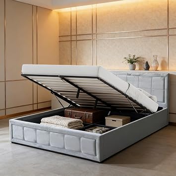 Velvet Double Ottoman Bed, 4ft 6in, Upholstered Bed Frame with Luxurious Fabric Headboard and Hidden Lift Up Storage, Modern Bedroom Furniture