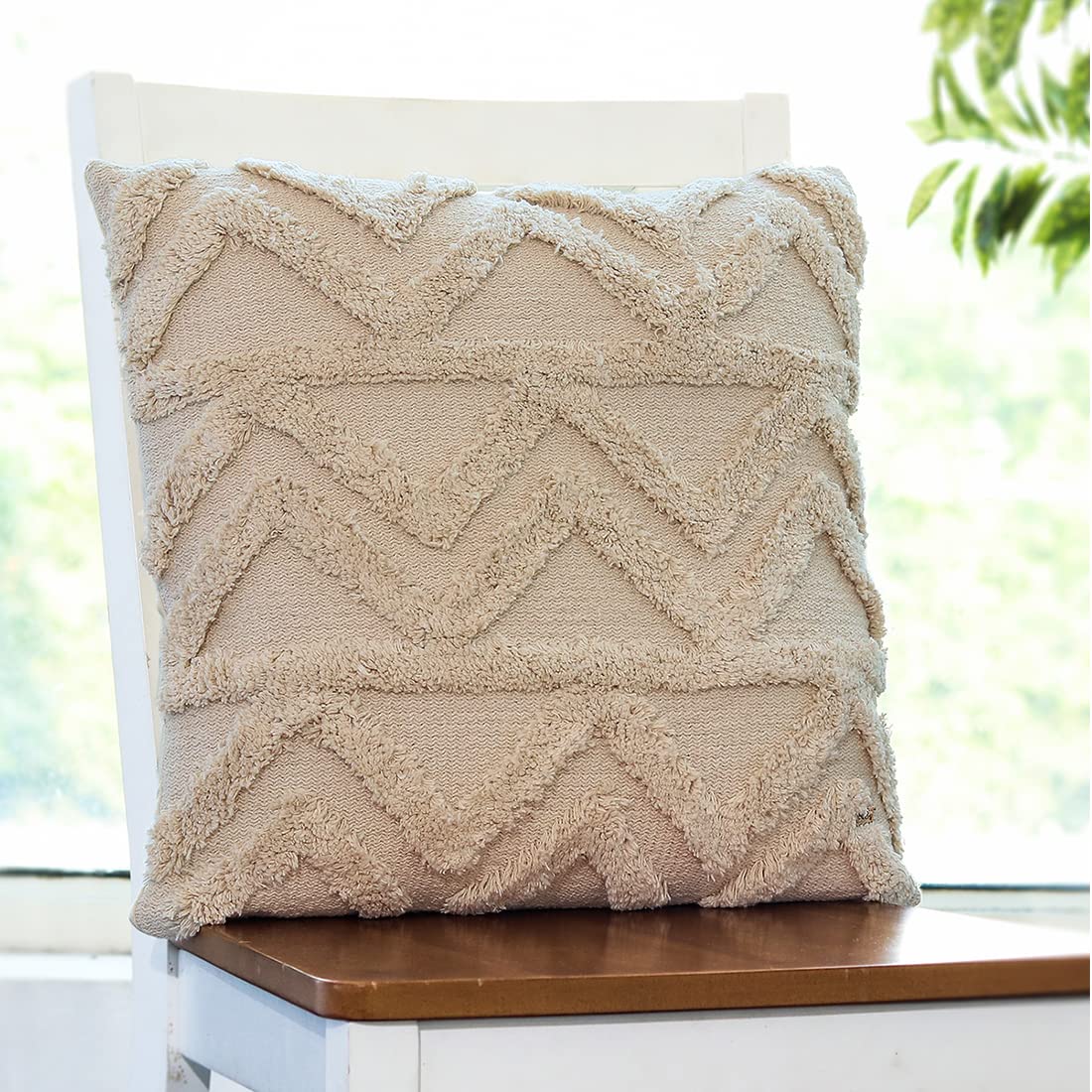 PluchiOllie Cotton Knitted Decorative Cushion Cover in Natural Color (Luxurious, 45 CM x 45 CM, 18 x 18 Inches)