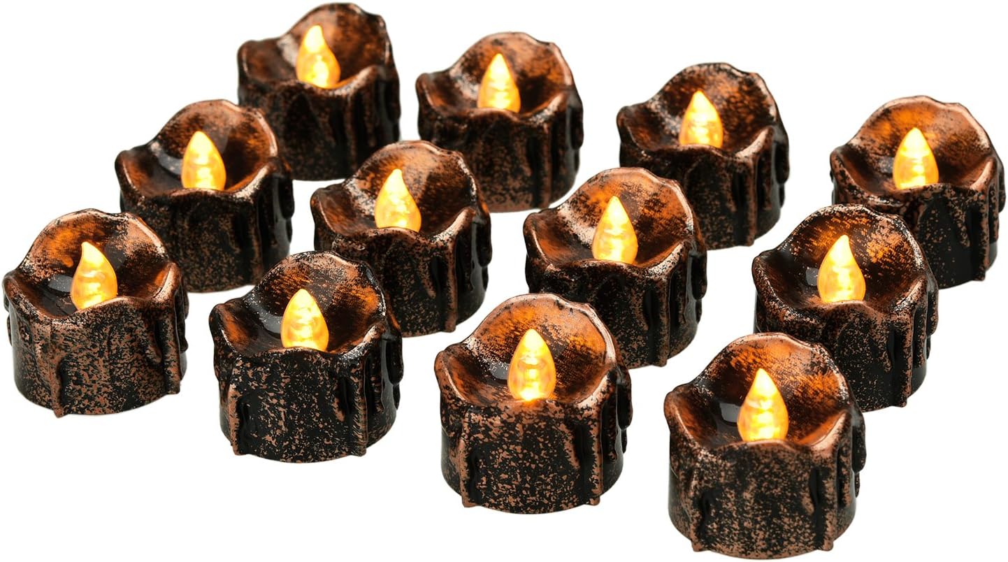eLander Halloween Decorations Candles Tea Lights, Battery Operated, Flickering Flameless [12 Pack ¨C Amber Yellow]