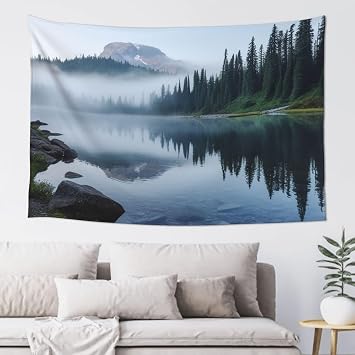 WSOIHFEC Foggy Lake by Mount Rainier Tapestry Wide Wall Hanging Vintage Lightweight Wall Blanket Funny Tapestry Wall Art Home Decor Soft Mural for Bedroom Dorm Living Room 60 X 40 Inch