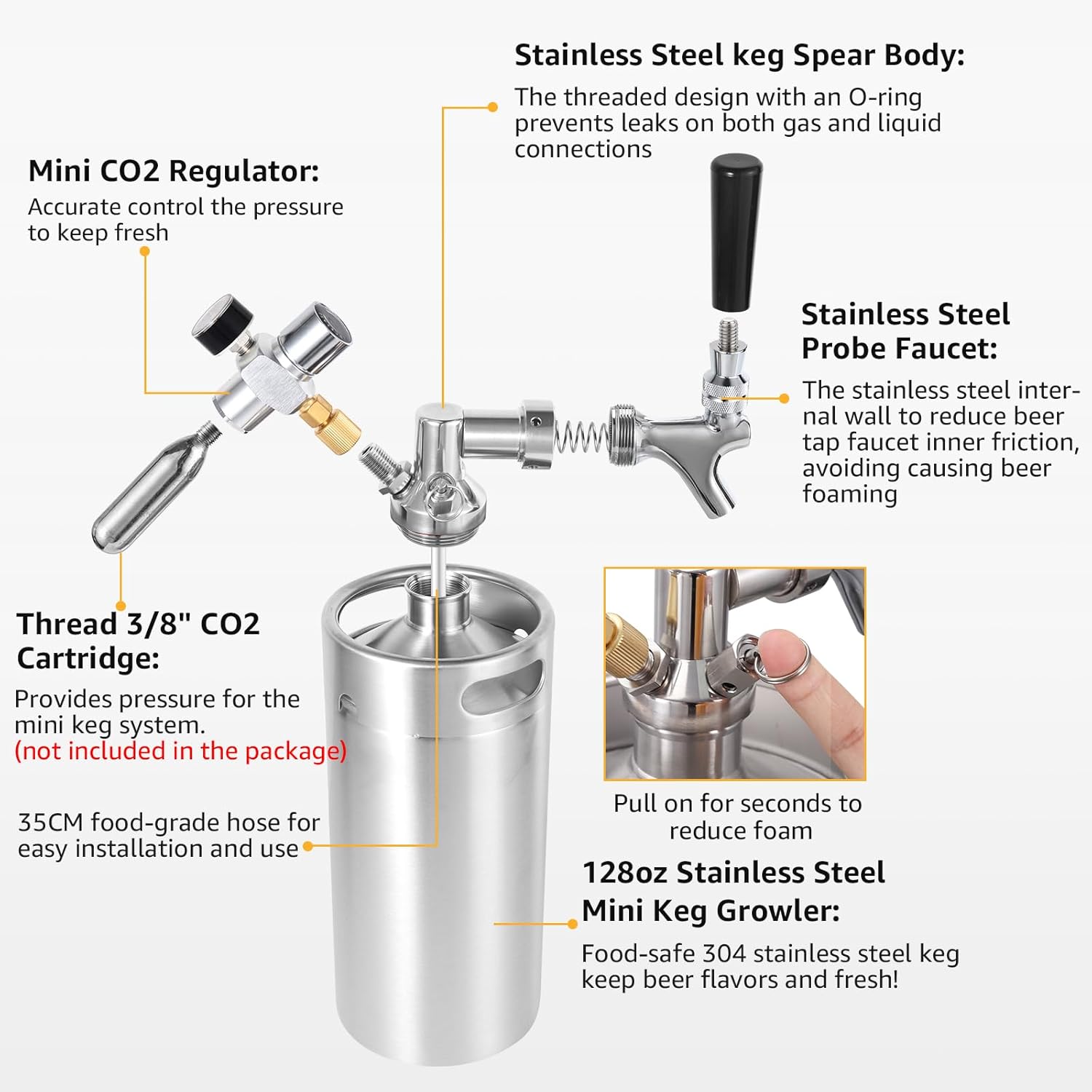 128 oz Mini Keg Growler Portable Dispenser System with Mini Keg Regulator to Carbonate Draft Beer and Keep Beer Fresh, Self-Closing Beer Faucet, Stainless Steel Pressurized Mini Keg Homebrew