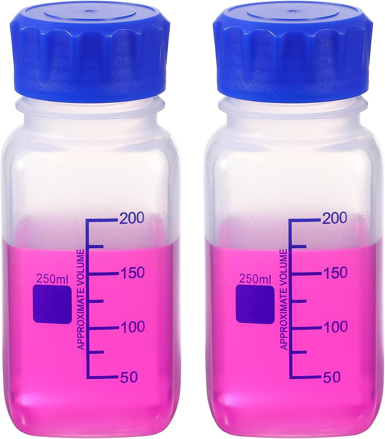 PATIKIL 250ml Thickened Media Storage Bottles,2 Pcs PP Plastic Graduated Bottle with Blue Screw Cap for Lab Water Reagent Liquids, Transparent(Square)
