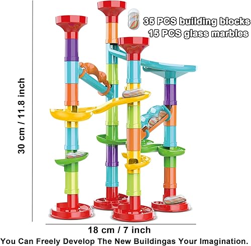 Miniatura 3 de Juego de 50 piezas de mármol de alta calidad, juguete educativo de bloques de construcción STEM, juego de carreras de pista de mármol con 15 canicas