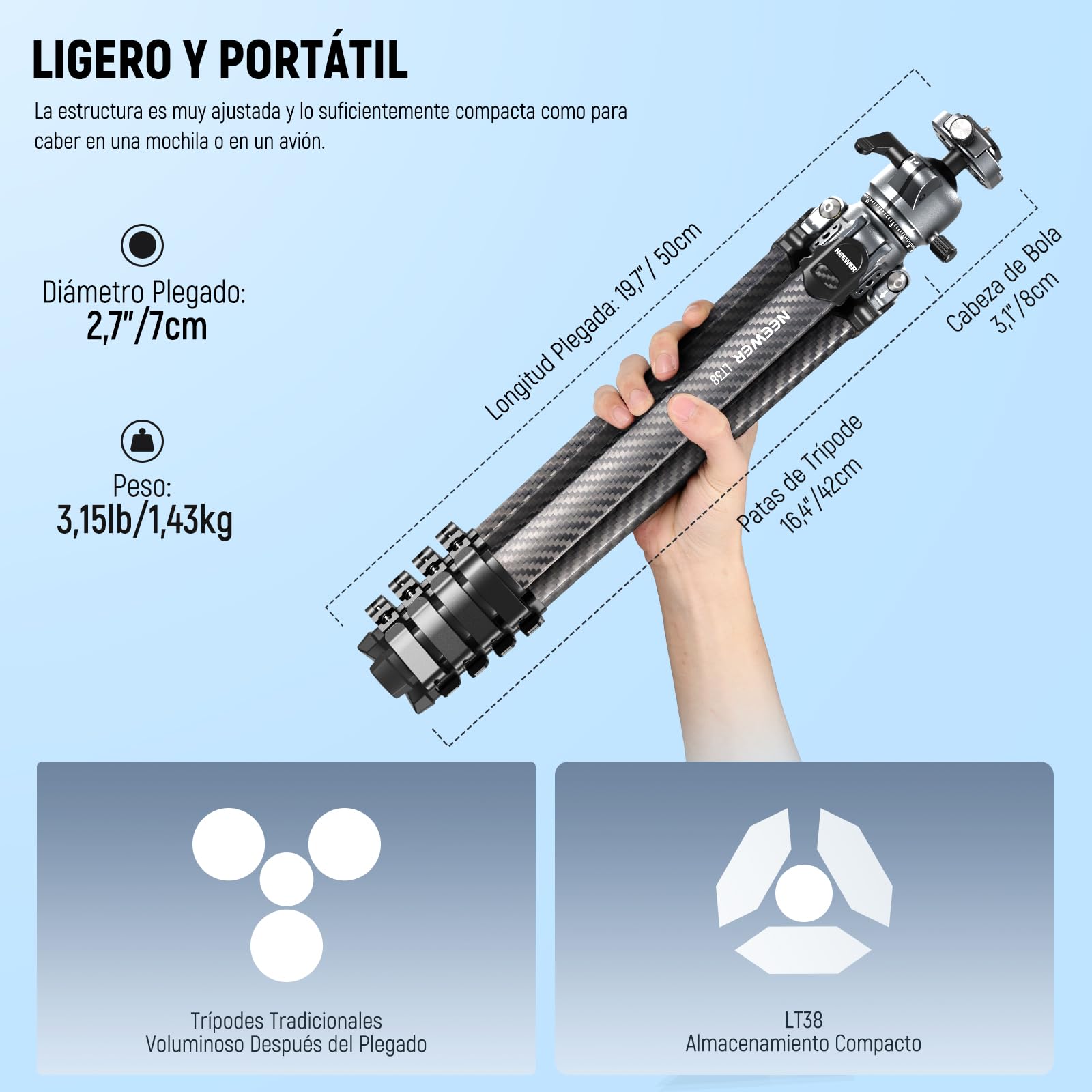 NEEWER LITETRIP LT38 - Trípode de Viaje para cámara de 61 Pulgadas, Soporte portátil de Fibra de Carbono, rótula de Bola de 360°, Placa de liberación rápida Tipo Arca Compatible con Peak Design Clip