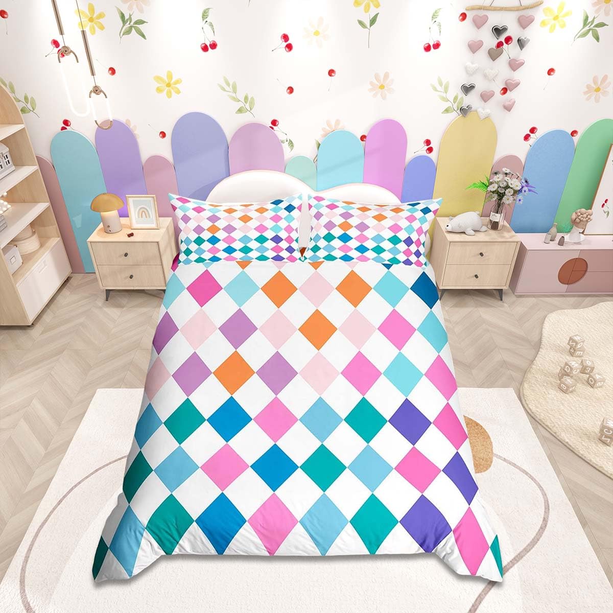 Housse de couette à carreaux de diamant style vintage coloré pour lit double