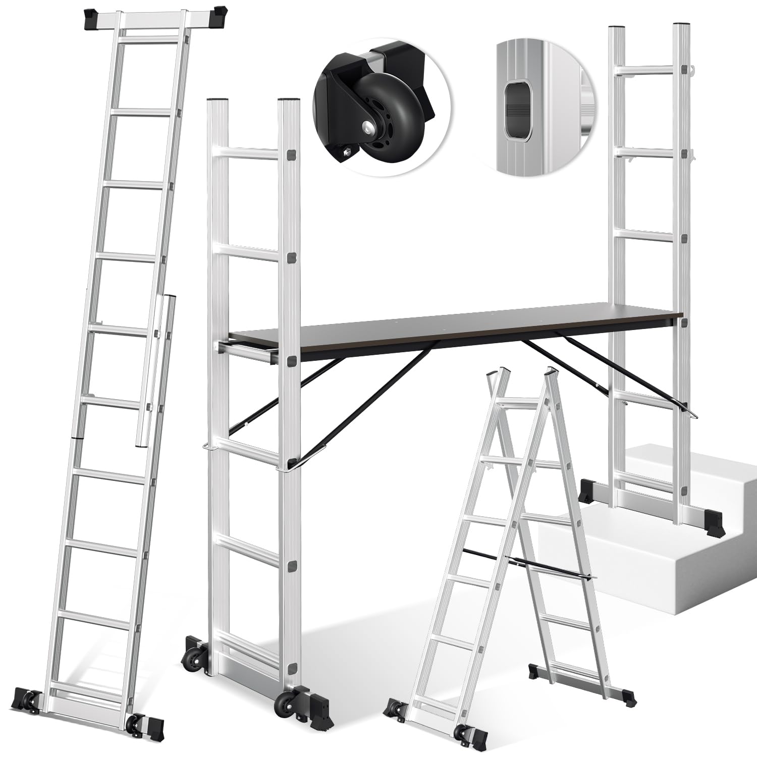 Daromigo Wielofunkcyjna drabina 4 x 4 w 1, aluminiowa drabina składana, rusztowanie, drabina robocza, drabina wielofunkcyjna, maksymalne obciążenie 150 kg, srebrna