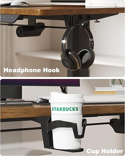 Miniatura 7 de Escritorio eléctrico de pie, mesa de oficina en casa ajustable de 43 pulgadas con gancho para auriculares y soporte para tazas, patas negrasparte