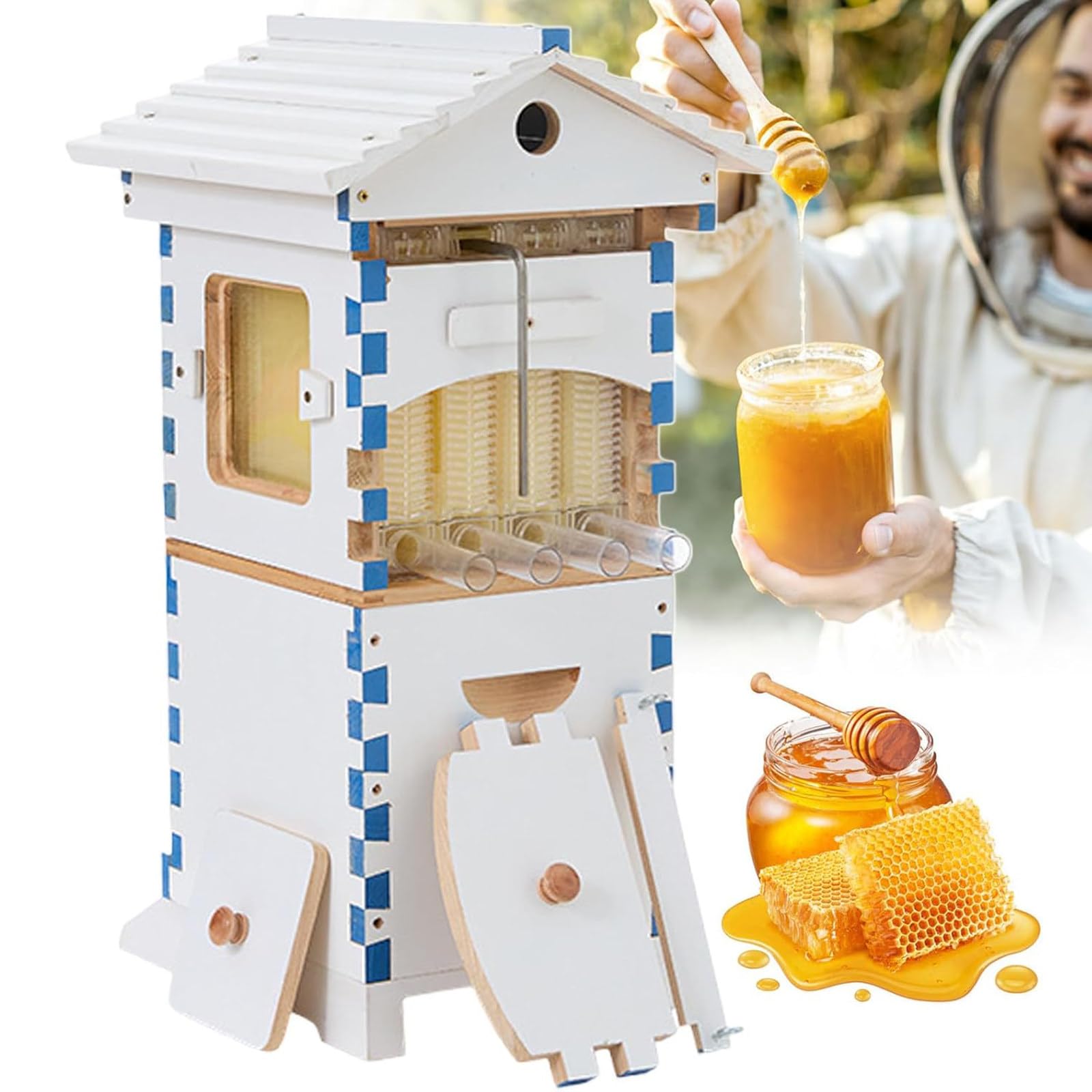 Kit de démarrage de ruche en bois auto-fluide avec fenêtre d'observation et bec à miel, kit d'apiculture complet pour débutants et amateurs