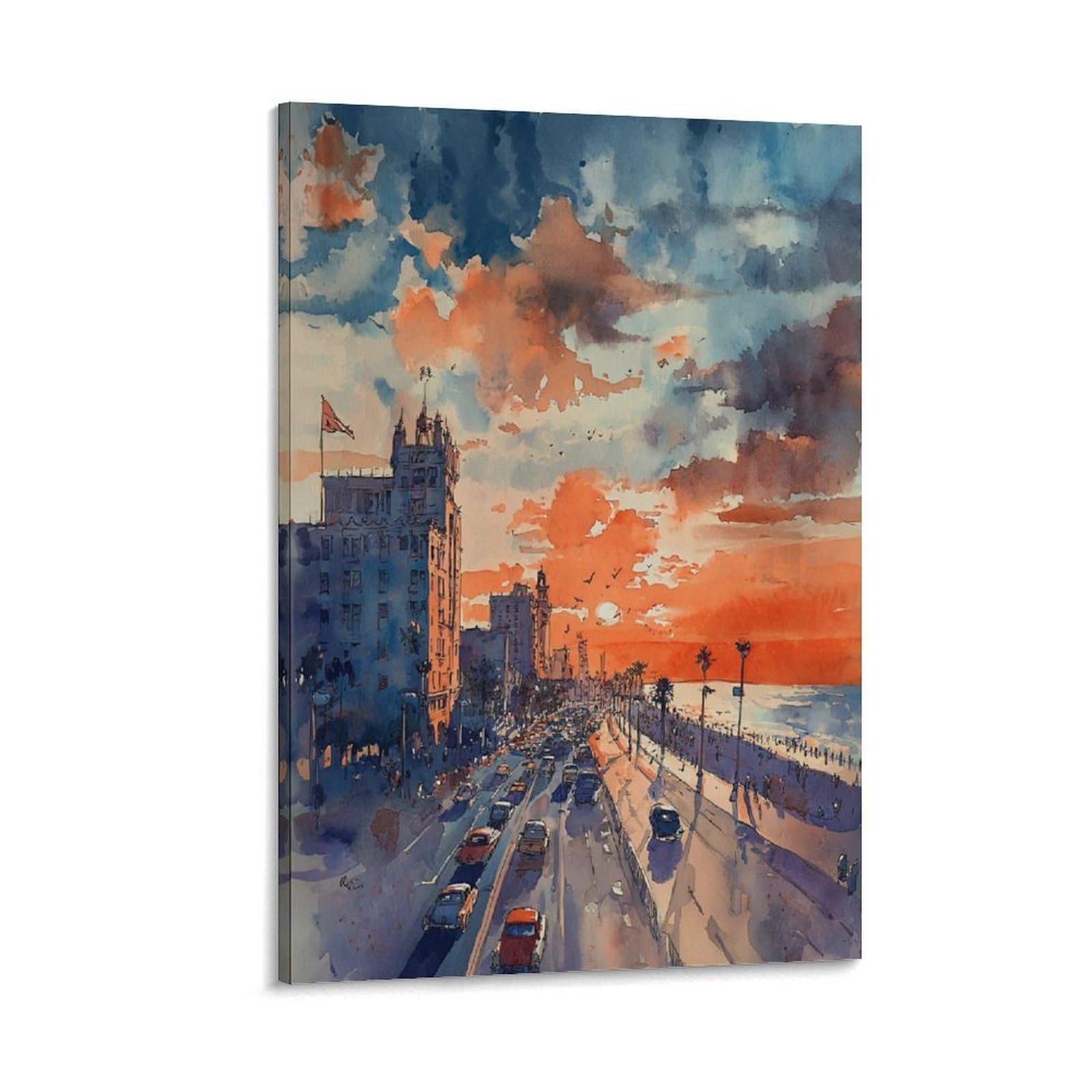 Cnaheiz Frame-Style San Diego Watercolor Painting_ California Surf Art Print 24X36inch(60X90cm) Vintage Watercolor Canvas Art