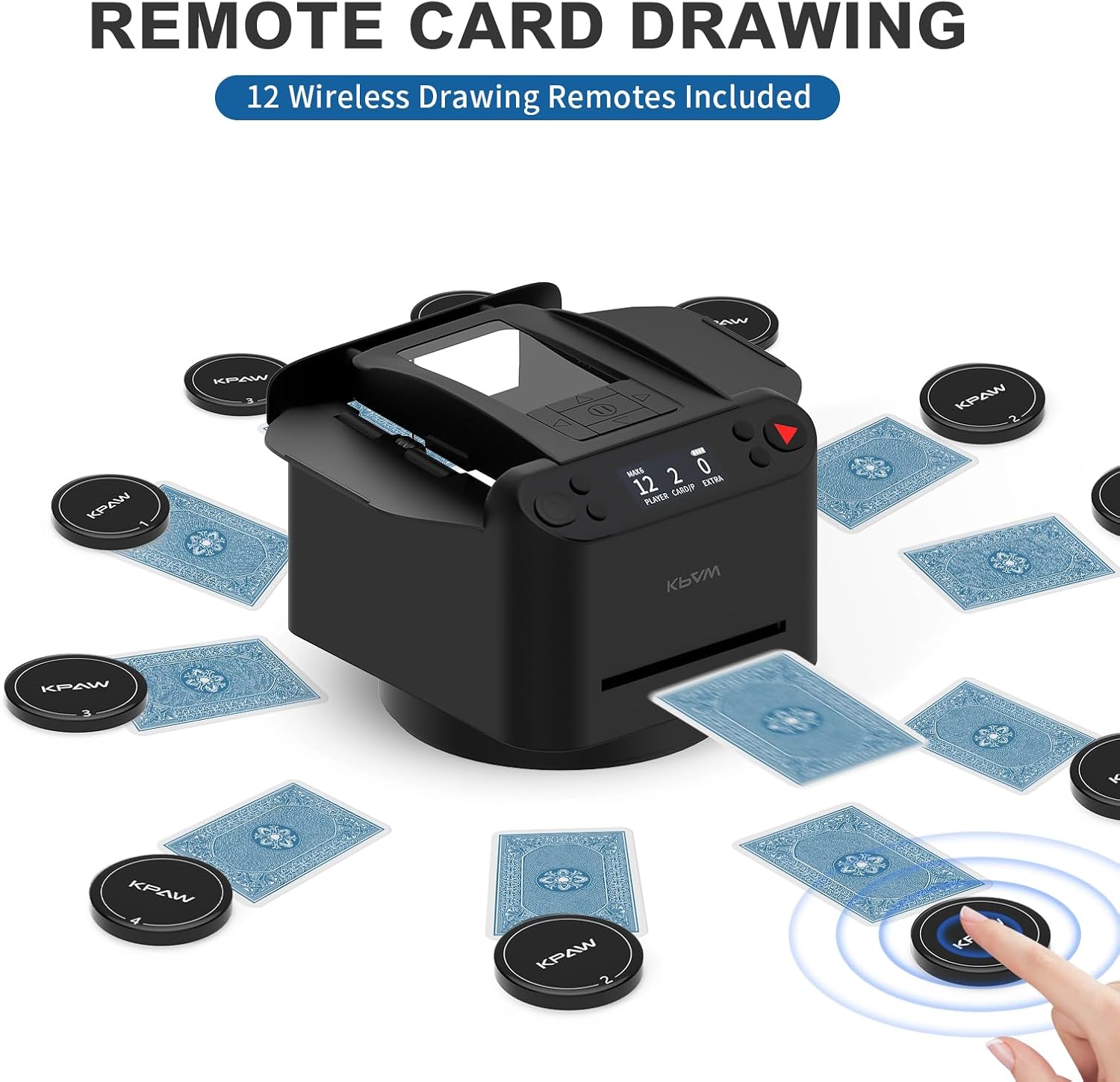 Automatic card dealer machine surrounded by cards and wireless remotes