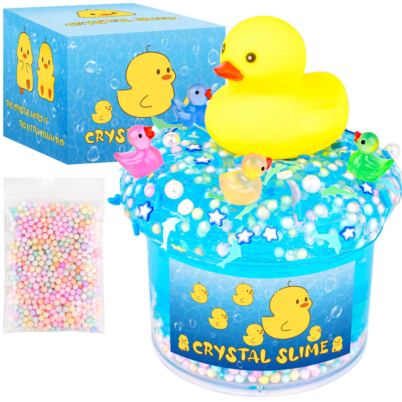 Blue Crystal Slime with Cute Yellow Ducks & Beads  Soft, Non-Sticky Sensory Toy with Foam Beads for Kids & Teens  Stress Relief & DIY Gift for Girls and Boys