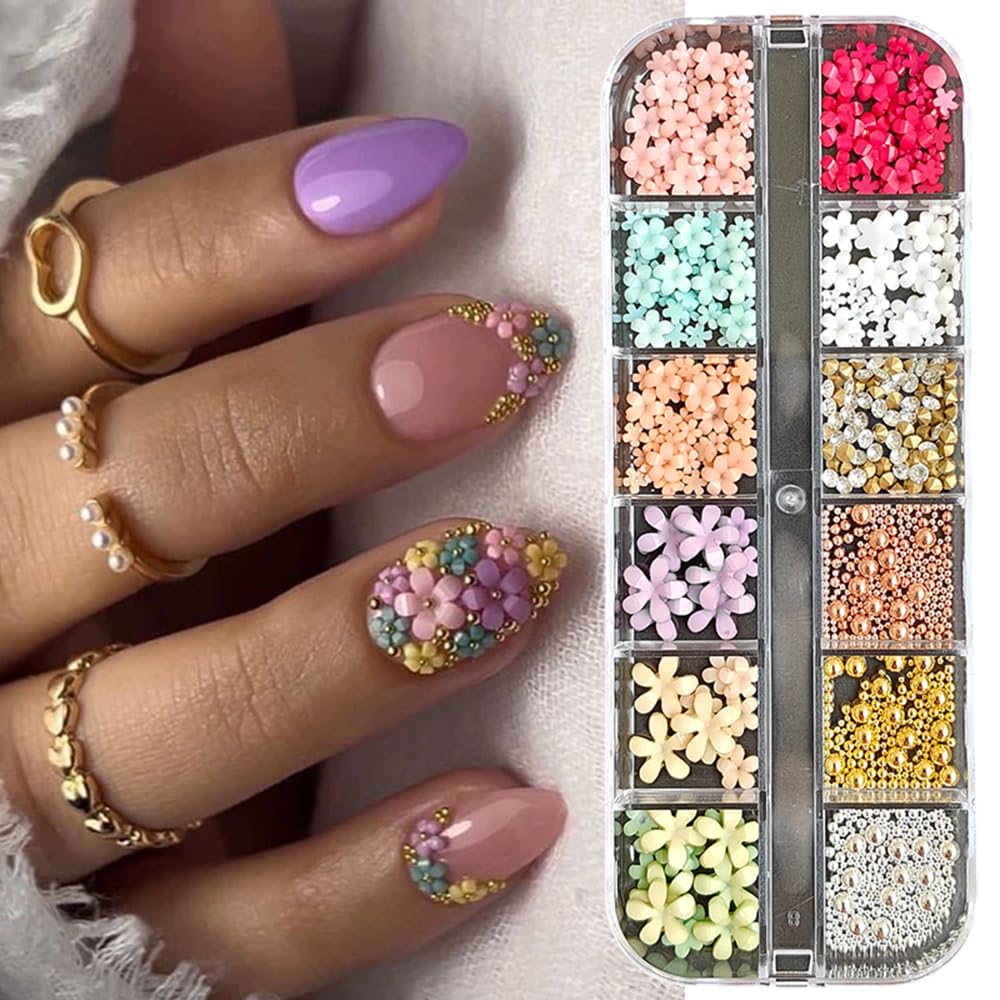 S.A.V.I 3D Flower Nail Art Decorations Set – 12-Grid Multicolor Acrylic Flowers, Crystals & Gold/Silver Beads | Nail Charms for DIY, Manicure & Professional Nail Art – Mixed Sizes for Salon & Home Use-image-41