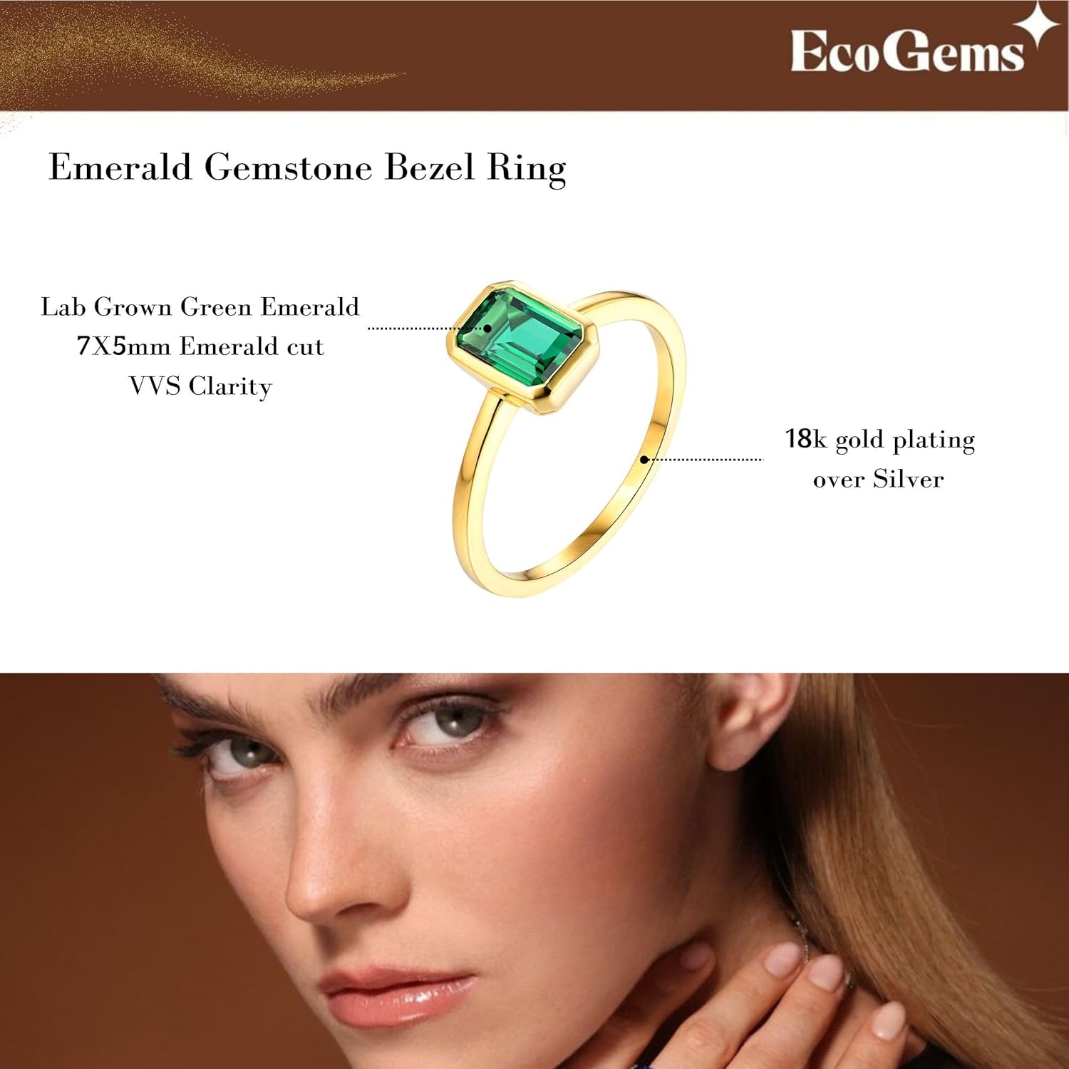 Lab-Grown Gemstone Ring for Women – Emerald & Round Cuts with White Sapphire Accents – 14K/18K Gold Plated Silver – Gift Box Included