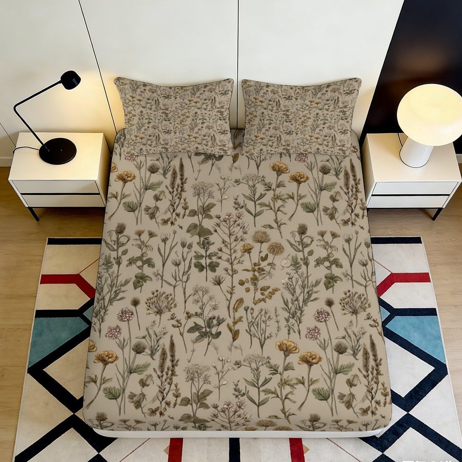 3D Printed Botanical Wildflower Fitted Sheet Microfiber Beige Floral Meadow Mattress Cover Bedroom Guest Room Decor 180x200x25cm