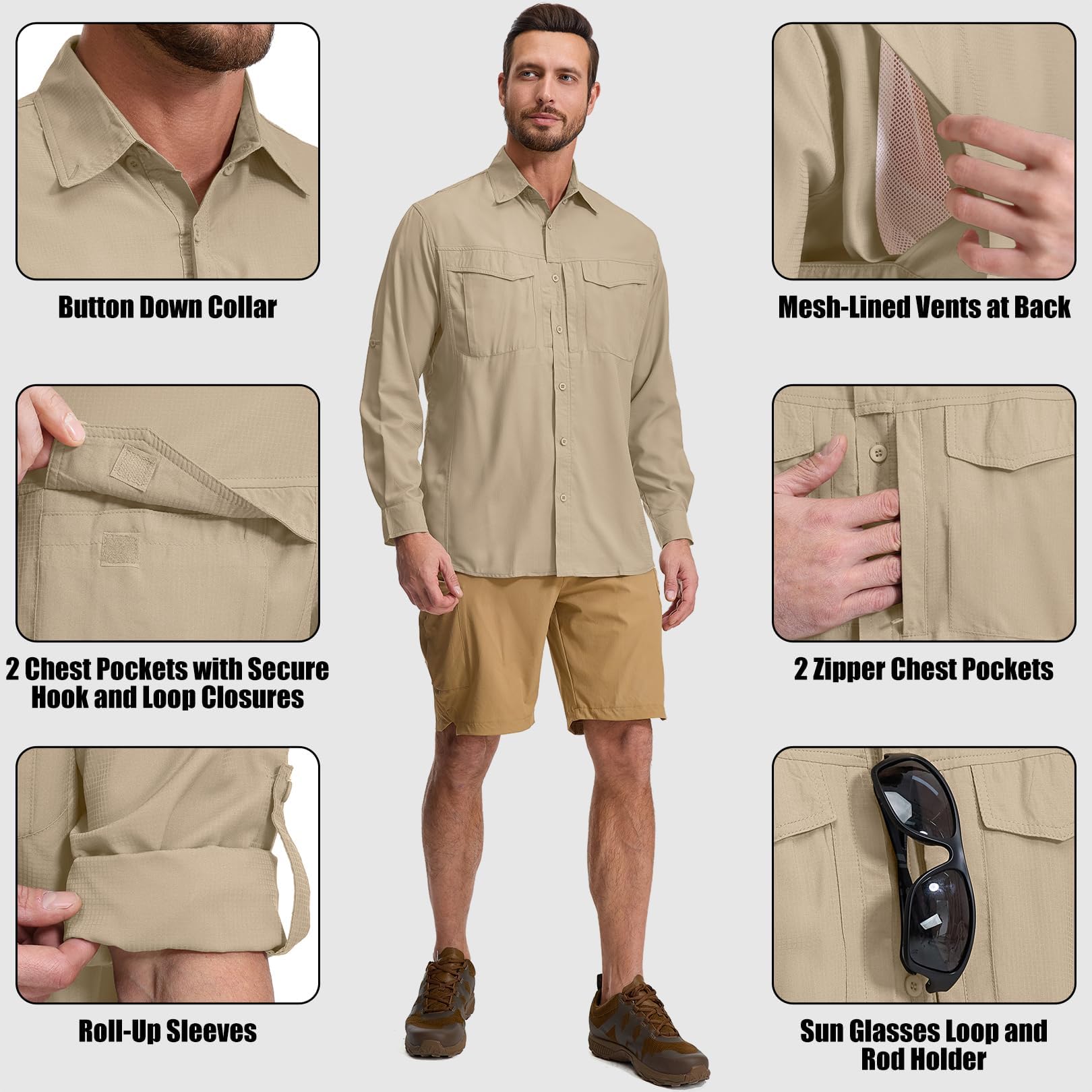 Camicia da uomo Safari UPF50+, protezione UV, a maniche lunghe, da trekking, da uomo, traspirante, ad asciugatura rapida
