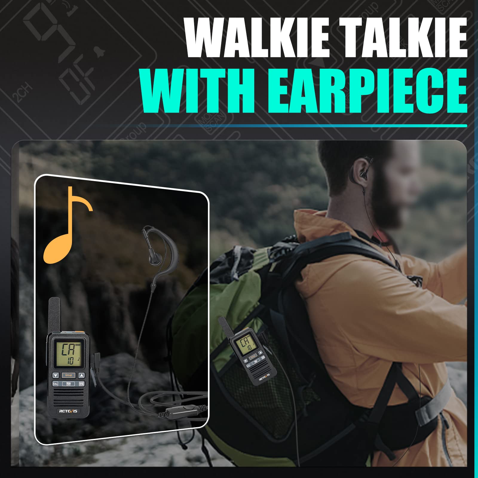 Retevis RB667 Walkie Talkie Profesional Pequeño, PMR446 Walkie Talkie Recargable 1600mAh, Pantalla LCD, VOX, USB-C, para Adultos, Restaurante, Senderismo (Negro,2 Pcs)