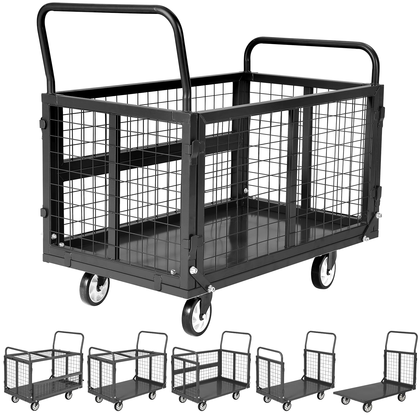 Heavy Duty Platform Truck Cart with Cage,39 x 24in Hand Moving Cart 2000LBS Capacity Multi-Functional Cage Carts with Basket for Warehouse Luggage Moving,Black