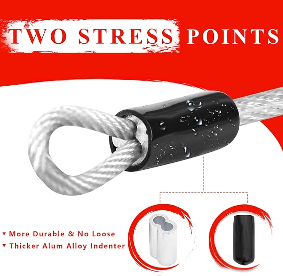 Clothes Line Outdoors, PVC Rustproof Cord with Snap Hooks 40 ft | 3/16 inch silver PVC coated steel cord with anti slip locking hooks, camping backyard clothes line outdoors 40 ft