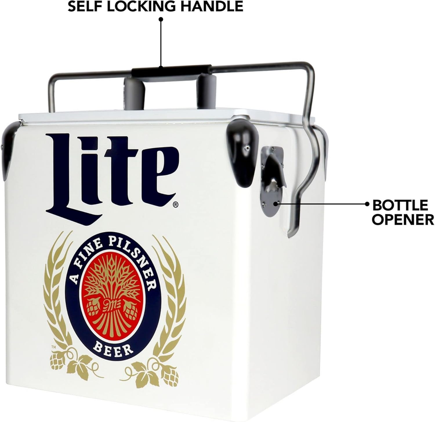 Miller Light Retro Ice Chest Cooler - 18 Can Ice Box, Portable Ice Bucket with Bottle Opener, Vintage Style, Insulated for Camping, Beach, Picnic, RV, BBQs, Tailgating, Fishing, 13L (14 qt)