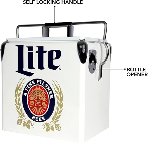 Miniatura 6 de Miller Light - Hielera retro para 18 latas, cubo de hielo portátil con abridor de botellas, estilo vintage, aislado para campamento, playa, picnic,