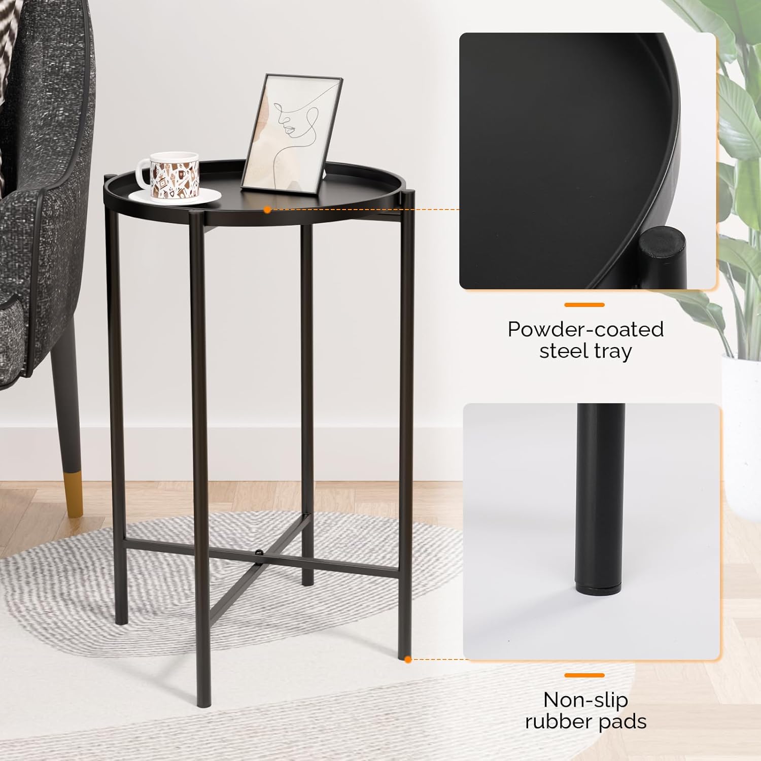 VINGLI Round Metal Side Table with Removable Tray, Outdoor Patio Coffee Table, Waterproof End Table for Small Spaces, Outdoor Patio, Living Room, Bedroom, Balcony (X-Brace & Non-Slip Pads) (1, Black)