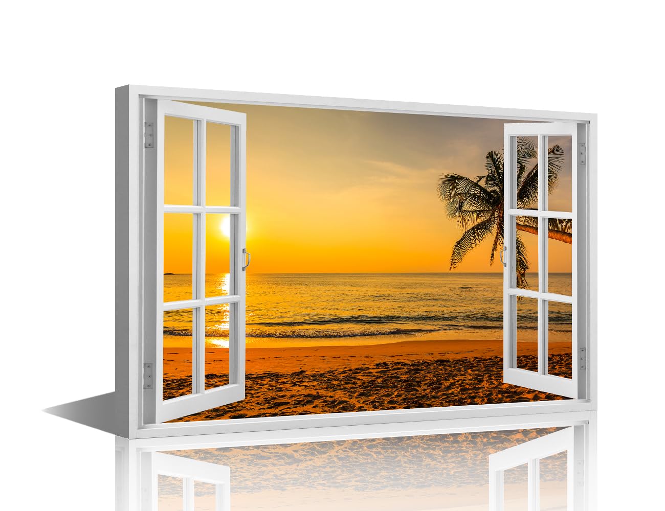 TISHIRON 1 Piece Seaside 3D Window View Wall Pictures for Living Room Beach at Sunset Painting on Canvas Wall Decor Art Ocean Bedroom Art Modern Artwork Framed Ready to Hang, 36x24in