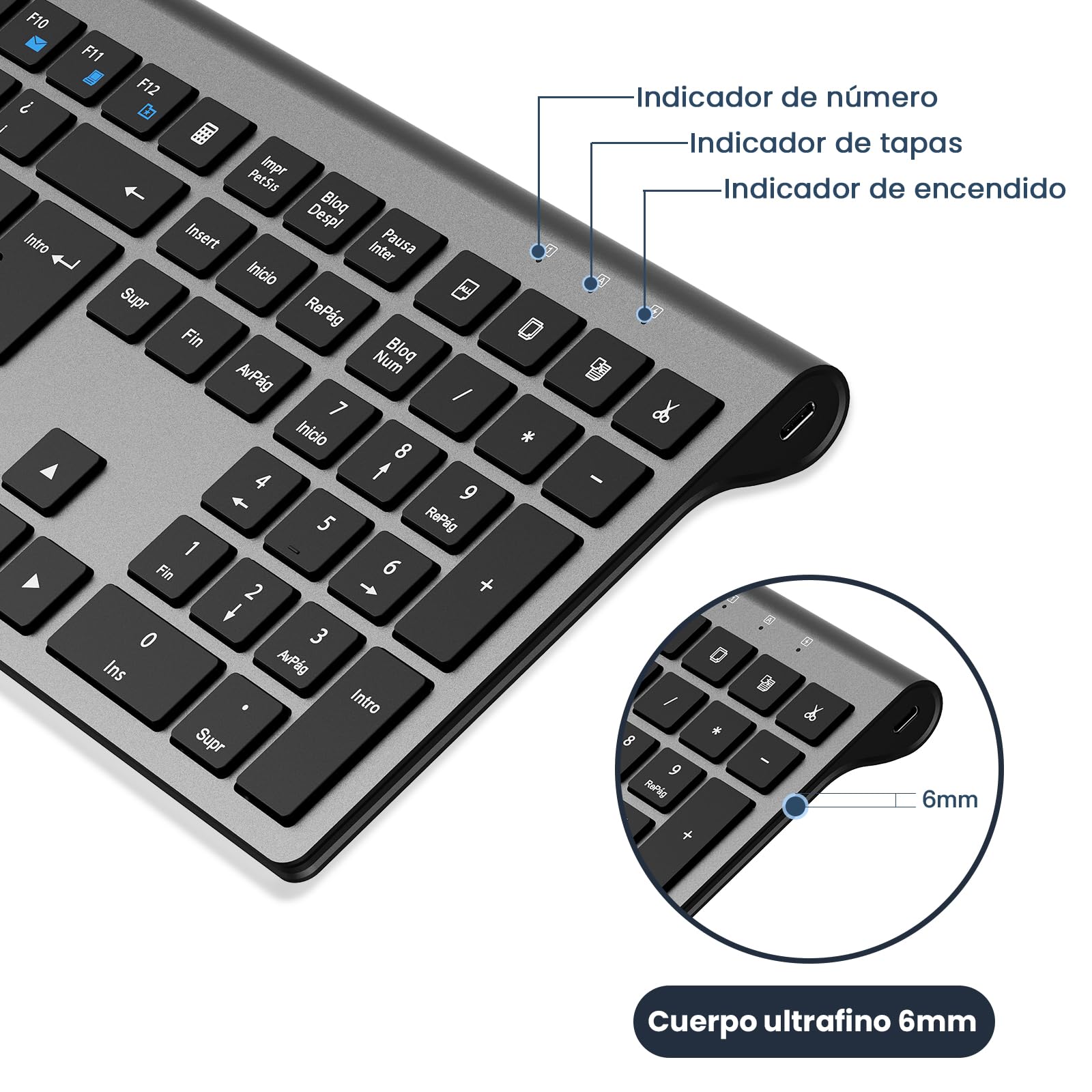 cimetech Teclado Inalámbrico Recargable, QWERTY Español Layout, 2.4G EasyTyping Teclado de diseño ergonómico, Ultrafino para Ordenador/PC/portátil/Windows 10/8/7(Gris)