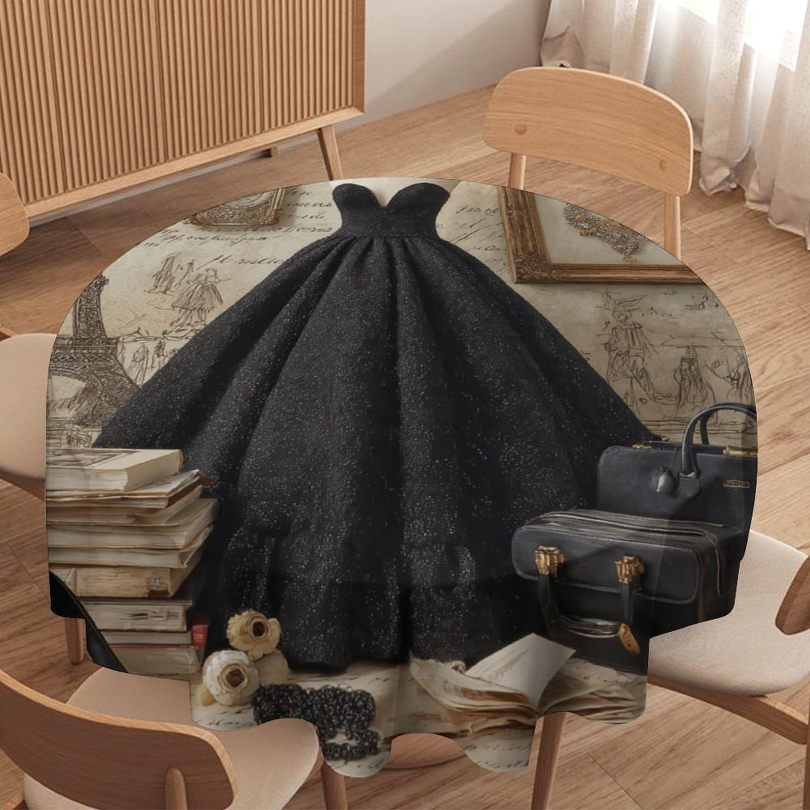 LUYYSKY Fantasy Vintage Black Dress Waterproof Round Tablecloth Beautiful Oil Painting Makeup Themed Paris Style Eiffel Tower Washable Table Cover for Kitchen-177.8" Wx177.8 L cm